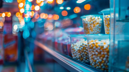 Close-up of colorful candy popcorn in a display case with bokeh lights, creating a lively and fun atmosphere, ideal for carnival or snack themes.の素材