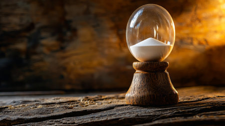 A glass hourglass with white sand on a wooden base, placed on a rustic surface with warm ambient lighting. Symbol of time and patience.の素材