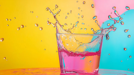 Dynamic splash of water in a clear glass against a bright yellow and blue background, capturing vibrant colors and motion. Ideal for themes of refreshment and energy.の素材