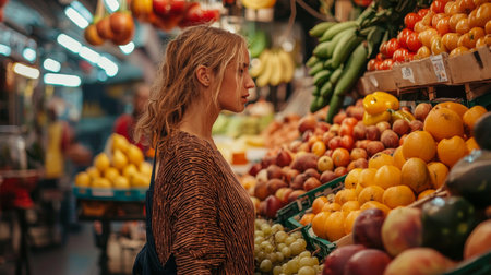 A young woman browsing through fresh produce at a lively market. She is surrounded by vibrant fruits and vegetables, creating a colorful and energetic atmosphere.の素材