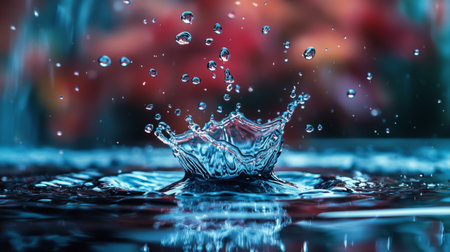 Captivating splash of water creating a crown shape with droplets in vivid blue lighting, showcasing motion and fluid dynamics in a high-speed close-up.の素材