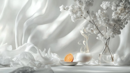 A serene minimalist setup featuring white floral branches, flowing fabric, and a citrus slice with gentle smoke in a soft white background, evoking tranquility and purity.の素材