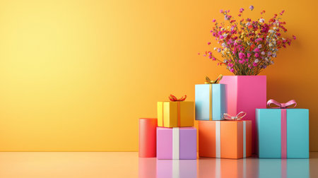 A stack of brightly wrapped gift boxes with bows, paired with a colorful bouquet of flowers in a pink box, set against a vivid yellow background. Ideal for celebration and holiday themes.の素材