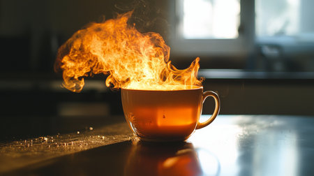 A close-up of a mug emitting flames and steam in a dark kitchen environment. The unusual combination of fire and a mug suggests mystery, warmth, and intrigue. Ideal for fantasy and creative themes.の素材
