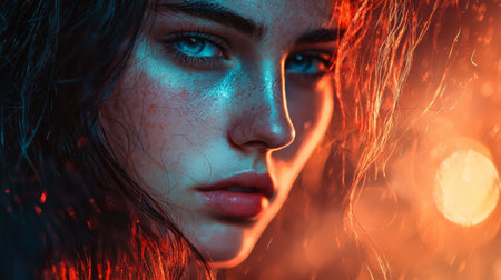A close-up portrait of a young woman with intense expression, highlighted by contrasting blue and orange lighting. Her wet hair adds to the moody, artistic aesthetic, perfect for creative portraits.の素材