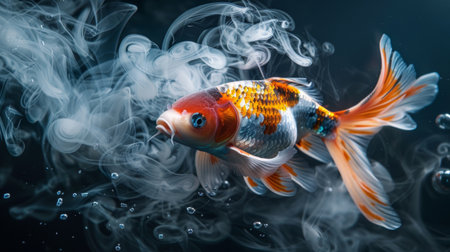 A vibrant koi fish swimming gracefully in dark water, with an artistic smoke effect surrounding it, creating a dreamy and surreal atmosphere. Perfect for artistic and nature themes.の素材