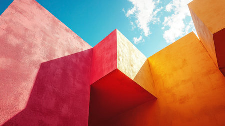 A modern architectural shot featuring colorful geometric shapes casting shadows under a clear blue sky. The vivid colors and abstract composition make this image perfect for artistic and design themes.の素材