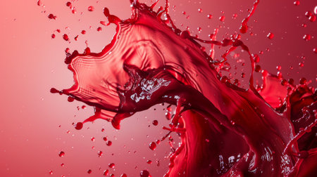 A dynamic capture of red liquid splashing against a red background, with droplets frozen in mid-air. The monochromatic setup highlights the intensity and energy of the splash, suitable for artistic and abstract themes.の素材