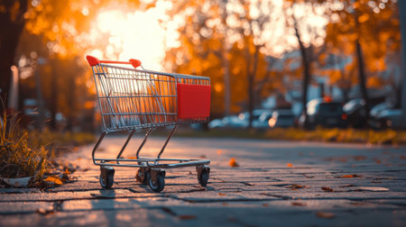 A shopping cart placed on a pathway surrounded by autumn trees with golden leaves. The warm sunset light casts a cozy atmosphere, highlighting the abandoned cart in a scenic park setting.の素材