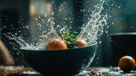 A dramatic splash as fresh oranges and herbs hit the water in a blue bowl. Captured in motion with water droplets suspended mid-air, this image conveys a refreshing, lively scene.の素材