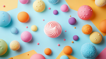 An arrangement of colorful balls and spheres in different textures on a pastel background, creating a playful and whimsical design. Ideal for themes of creativity and fun.の素材