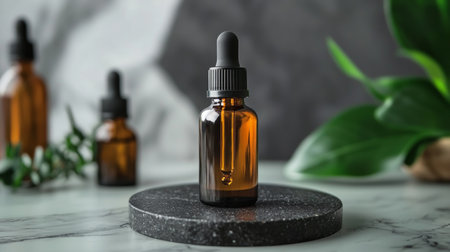 A close-up of amber glass dropper bottles placed on a marble surface, with a minimalist green background. The image reflects a clean and natural skincare aesthetic.の素材