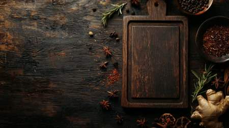 A rustic wooden cutting board surrounded by various spices on a textured dark wood surface, evoking a warm, culinary atmosphere. Perfect for themes of cooking and rustic style.の素材