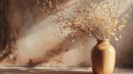 A delicate arrangement of dried flowers in a ceramic vase, beautifully lit with soft, natural light. The composition exudes warmth and elegance, ideal for minimalist and vintage themes.の素材