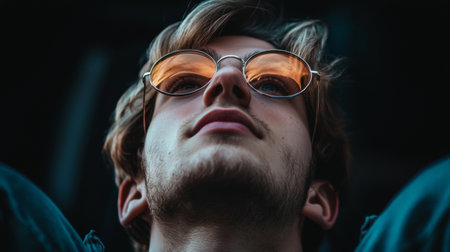 Low-angle portrait of a young man wearing reflective sunglasses capturing a sunset. The dark background emphasizes his facial features and the warm glow reflected in the lenses.の素材