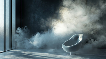 A modern room featuring a minimalist gray chair amidst swirling fog and soft lighting. The scene is mysterious and serene, creating an ethereal atmosphere in a contemporary space.の素材