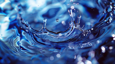 Dynamic close-up of a blue water splash with droplets frozen mid-air, creating an energetic and refreshing visual. The sharp details capture the beauty of fluid motion.の素材