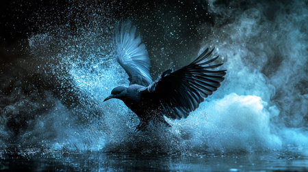 A dramatic shot of a bird in flight with wings spread wide, water splashing around it in vibrant blue tones. The dynamic scene captures the beauty of nature in motion.の素材
