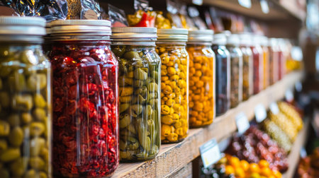 A row of jars filled with preserved foods like olives and peppers on a shelf in a market. The vibrant colors and neat arrangement highlight the rich variety of food items.の素材