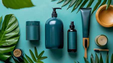 A flat lay of eco-friendly cosmetic products in green packaging arranged with tropical leaves on a green background. Emphasizing natural, sustainable beauty.の素材