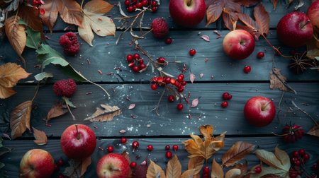 Top-down view of apples, autumn leaves, raspberries, and red berries arranged on a dark wooden background, capturing the essence of fall season.の素材
