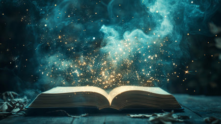 Open book with magical, glowing smoke and sparkles emanating from its pages against a dark background, evoking mystery, fantasy, and imagination.の素材