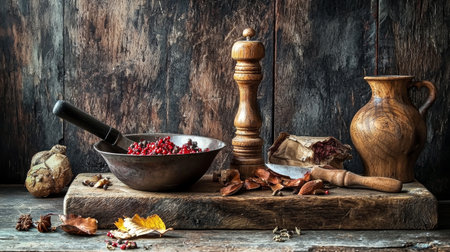 Rustic kitchen setup featuring a pepper mill, bowl of red peppercorns, and wooden tools against a weathered wood background, evoking a vintage, culinary atmosphere.の素材