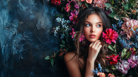 Beautiful woman surrounded by an array of vibrant flowers against a textured dark wall, creating a striking and artistic portrait with a floral and dreamy atmosphere.の素材