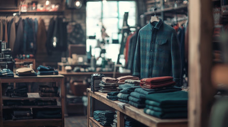 Interior of a cozy vintage-style clothing store featuring neatly folded sweaters and a hanging shirt, with warm lighting and rustic decor, evoking a nostalgic shopping atmosphere.の素材