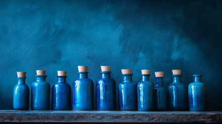 A row of vibrant blue glass bottles with cork stoppers lined up on a rustic shelf, creating an artistic and minimalist display against a textured blue wall.の素材