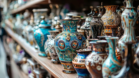 Close-up of various intricately designed decorative vases with colorful patterns displayed on a shelf, highlighting cultural and artisanal craftsmanship.の素材