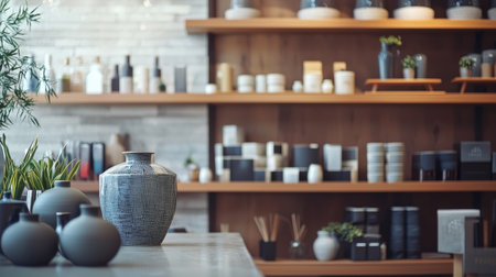 Modern home interior with decorative pottery and plants arranged on wooden shelves, creating a minimalist and elegant aesthetic with natural elements.の素材