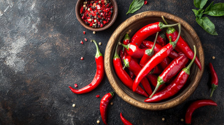 Top view of red chili peppers in a rustic wooden bowl with spices scattered around on a dark, textured background, highlighting vibrant colors and spicy flavors.の素材
