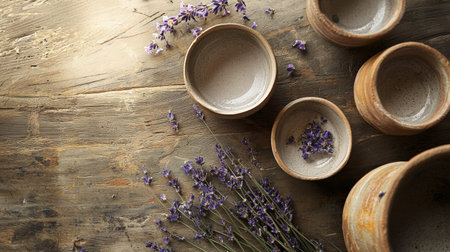 Top view of ceramic bowls with lavender sprigs arranged on a rustic wooden table, creating a cozy and aromatic scene with natural textures.の素材