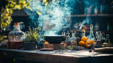 Outdoor scene with glass bottles, herbs, and smoke rising from a pot, set on a rustic table, evoking an alchemical or herbal apothecary vibe.の素材