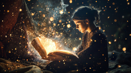 A young girl reading a glowing book, surrounded by sparkling lights in a dark setting, creating a magical and enchanting atmosphere.の素材