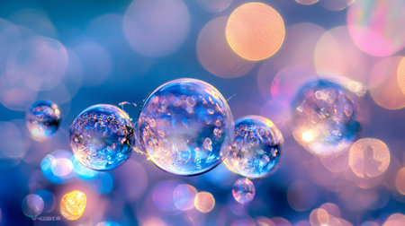 Close-up of colorful bubbles floating against a blurred, dreamy background, creating a soft and magical visual with pastel tones.の素材