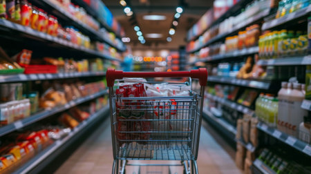 A shopping cart in the aisle of a supermarket filled with products, creating a lively consumer and retail scene with bright, colorful shelves.の素材