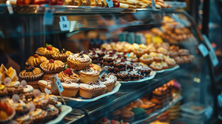 A variety of baked pastries displayed in a glass showcase in a bakery. The arrangement includes different tarts, cupcakes, and pies with toppings like berries and chocolate. Warm and inviting ambiance with soft lighting highlighting the intricate details of the desserts.の素材
