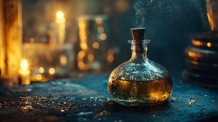 A decorative glass perfume bottle emitting steam, surrounded by candlelight on a dark background. The scene is illuminated by a warm, mystical glow, creating a luxurious and romantic ambiance with hints of vintage allure.の素材