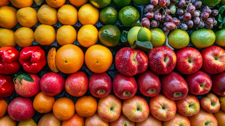 An overhead view of an assortment of fresh fruits and vegetables arranged in vibrant rows. The display includes oranges, apples, peppers, and grapes, showing a colorful and appetizing selection ideal for themes of health and nutrition.の素材