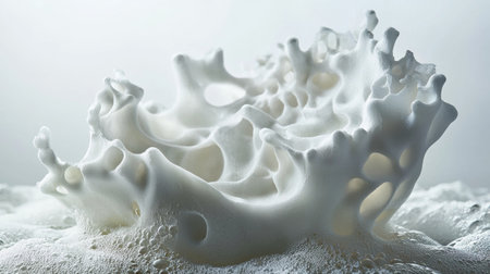 A high-speed capture of a white milk splash in mid-air, showing intricate liquid textures and abstract forms. The creamy white splash against a clean background creates a visually striking composition ideal for food and beverage themes.の素材