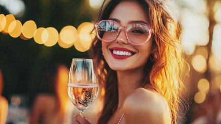 A joyful young woman holding a glass of champagne at an outdoor celebration, wearing pink-tinted sunglasses. The golden bokeh lights in the background enhance the festive and lively atmosphere, perfect for social events and lifestyle themes.の素材