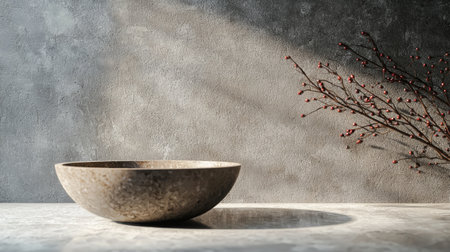 A simple stone bowl casting a soft shadow on a textured surface, accompanied by a delicate branch with red berries. Ideal for themes of minimalism, tranquility, and natural decor.の素材