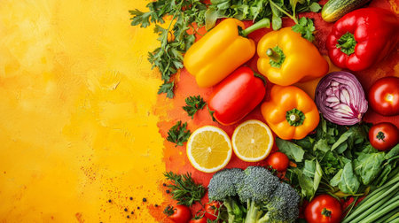 A vibrant assortment of fresh vegetables including bell peppers, lemon slices, broccoli, and greens placed on a textured yellow background, symbolizing health and nutrition.の素材