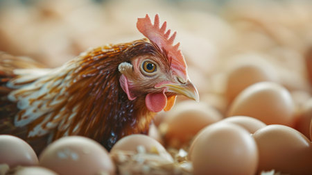 A detailed close-up of a hen surrounded by fresh eggs, set in a warm barn environment with soft natural lighting.の素材