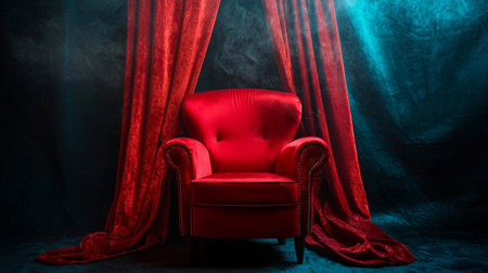 An elegant red armchair set against deep red curtains with moody lighting, creating a dramatic and luxurious atmosphere.の素材
