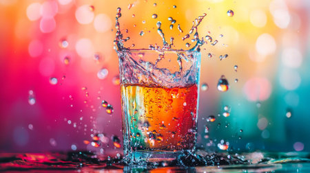 A dynamic capture of a drink splashing in a glass against a vibrant and colorful bokeh background. Perfect for beverage and party themes.の素材