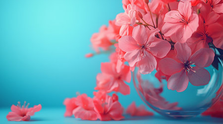 Soft and delicate pink flowers in a transparent glass vase, styled against a clean blue background for a minimal aesthetic.の素材