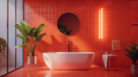 Stylish bathroom design featuring a white freestanding tub, bold red tiles, and green potted plants, creating a vibrant modern space.の素材